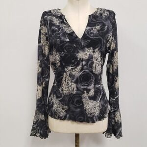 INC Womens Y2K Whimsigoth Velvet Burnout Bell Sleeve Top Size L Black Floral